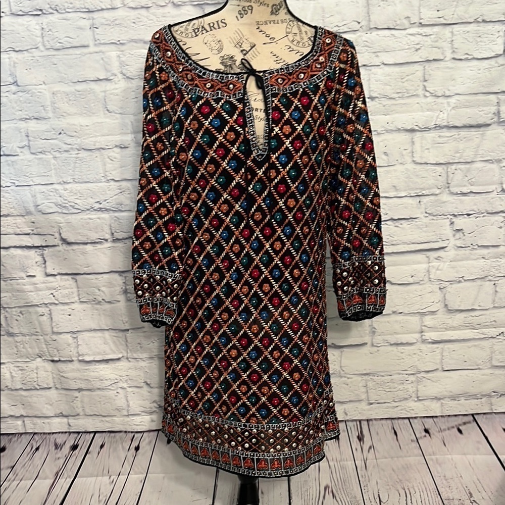 Alice + Olivia “Gillian” Embroidered Dress Long Sleeves Boho Beaded Floral